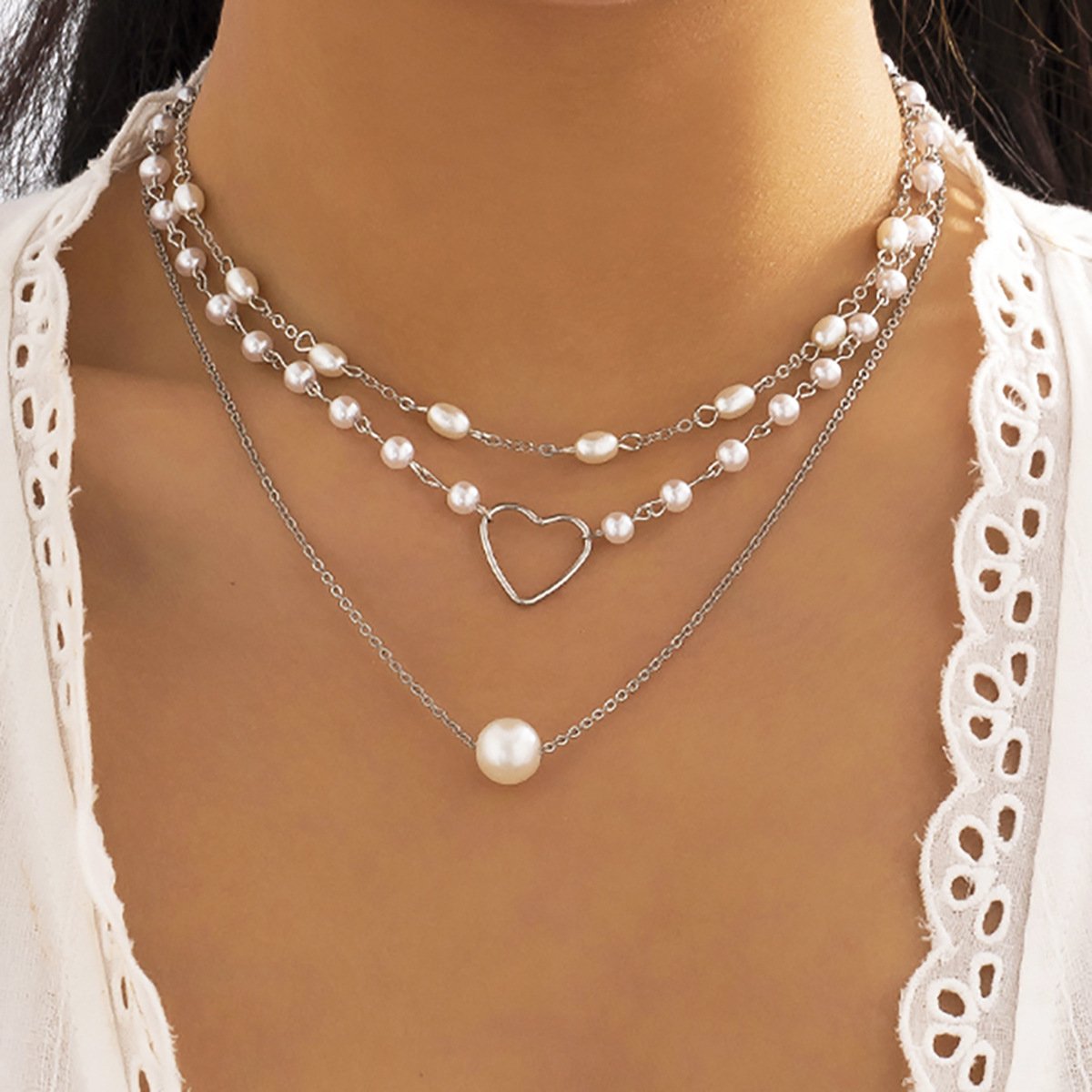 Jewelry simple round bead metal chain necklace temperament imitation pearl heart-shaped multi-layer necklace female