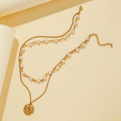 Titanium steel gold-plated pendant temperament all-match fashion pearl necklace retro round medal coin pendant necklace