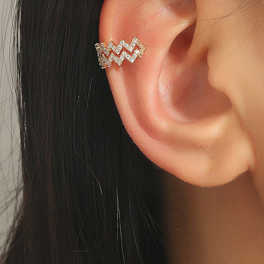 Ins same paragraph diamond ear clip retro wavy line without pierced earrings temperament net red metal copper earrings