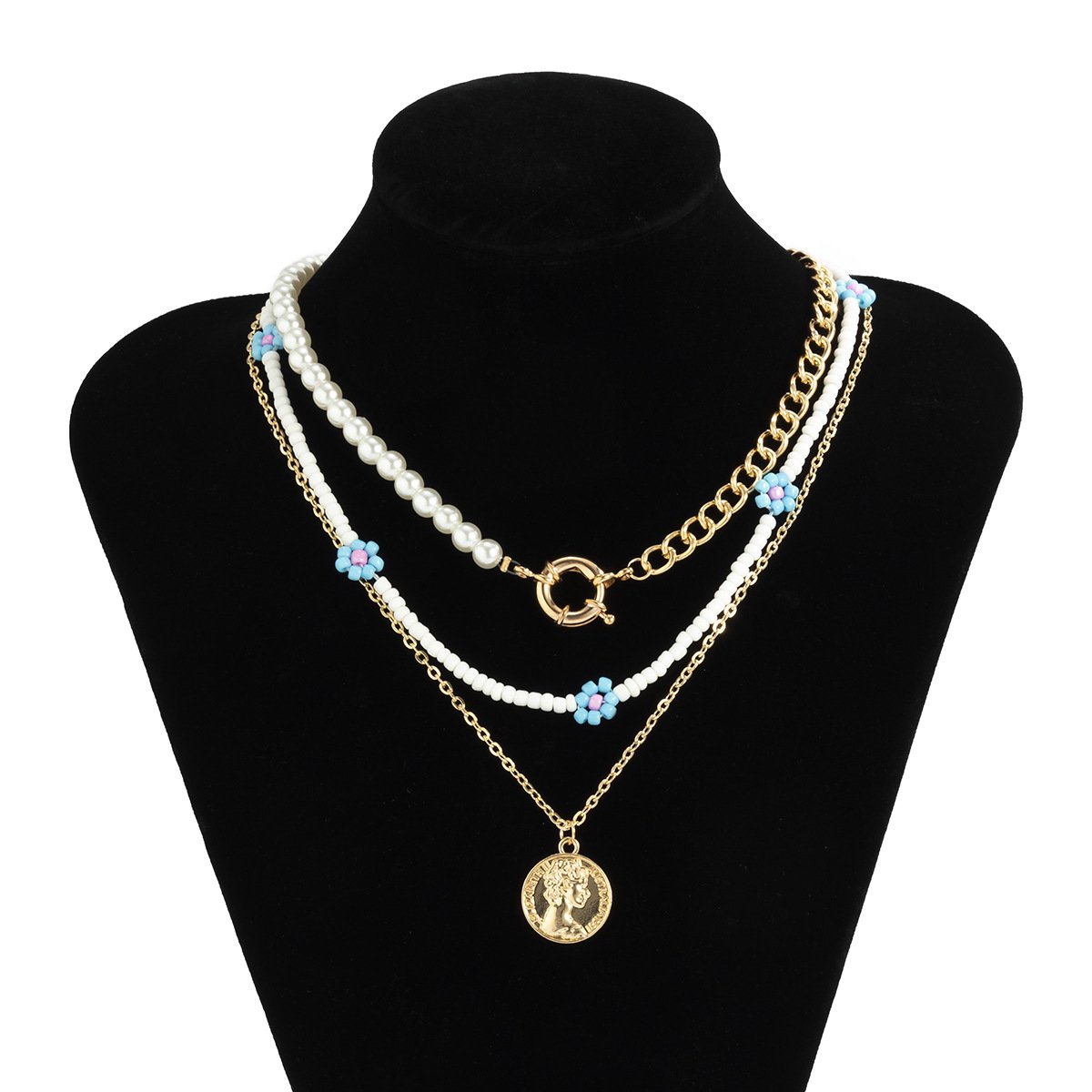 Bohemian Daisy Flower Rice Bead Necklace Retro Simple Metal Figure Imitation Pearl Necklace