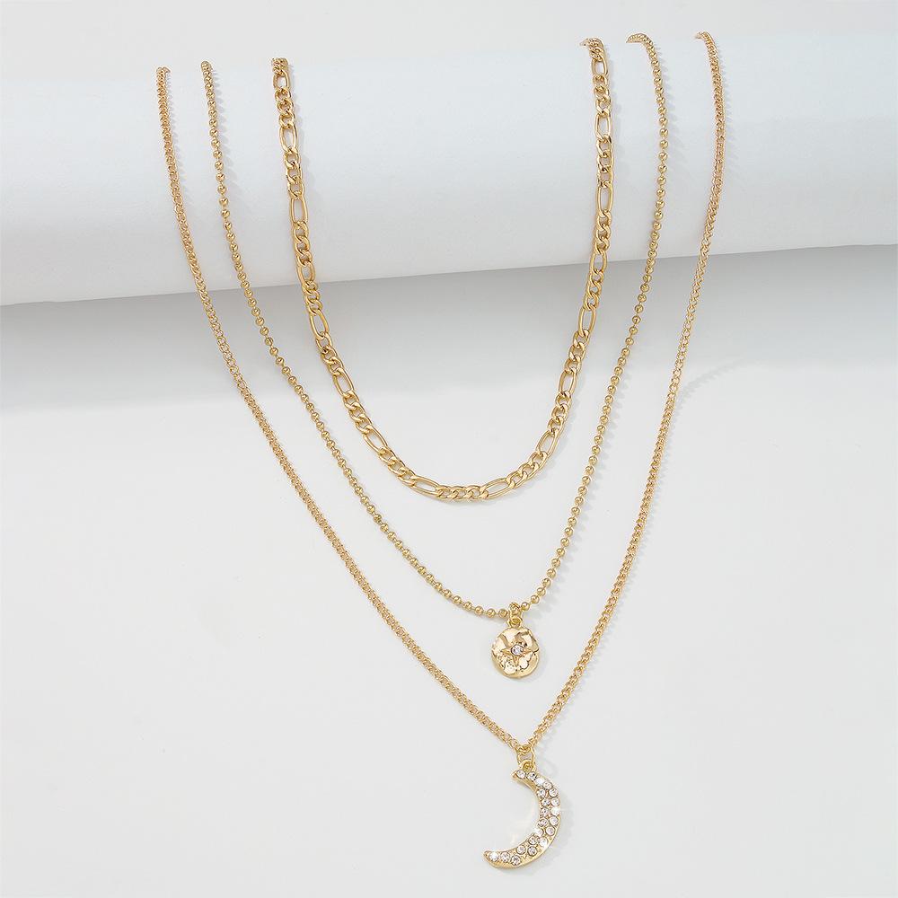 N8765 stacked multi-layered necklace diamond-studded alloy moon pendant necklace metal texture fashion necklace female