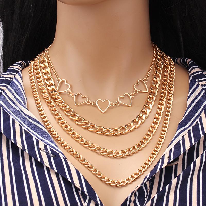 Jewelry Hip Hop Personality Geometric Set Necklace Simple Peach Heart Hollow Multilayer Chain Necklace Female