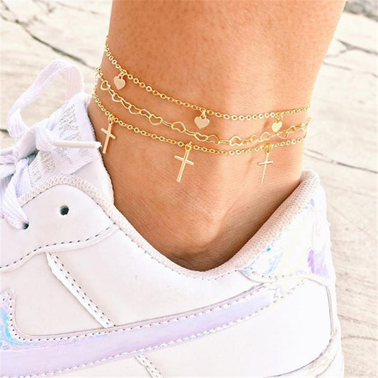 Foot decoration summer personality multi-layer anklet popular cross peach heart anklet for women