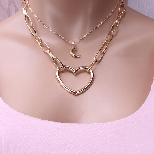 Jewelry multi-layer personality all-match moon two-piece set accessories peach heart pendant sweater chain necklace female