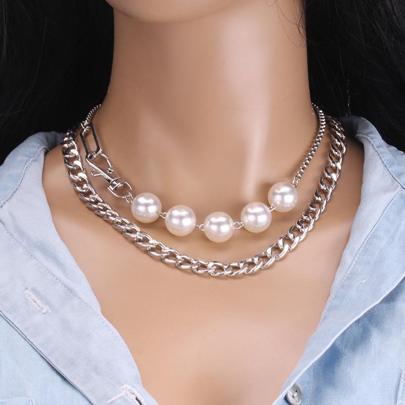 Fashion Exaggerated Large Imitation Pearl Beaded Clavicle Chain Costume Accessories Two-Piece Necklace