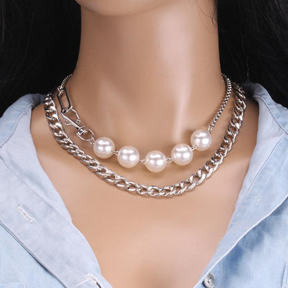 Fashion Exaggerated Large Imitation Pearl Beaded Clavicle Chain Costume Accessories Two-Piece Necklace