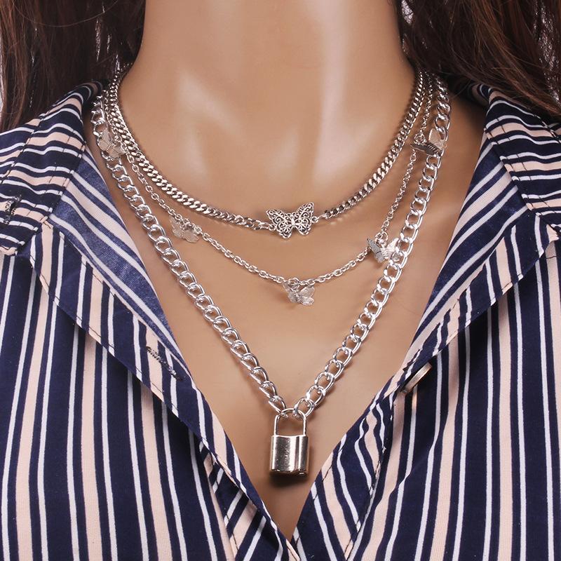 Retro Chain Padlock Butterfly Pendant Women's Creative Multi-element Fashion Fashion Necklace