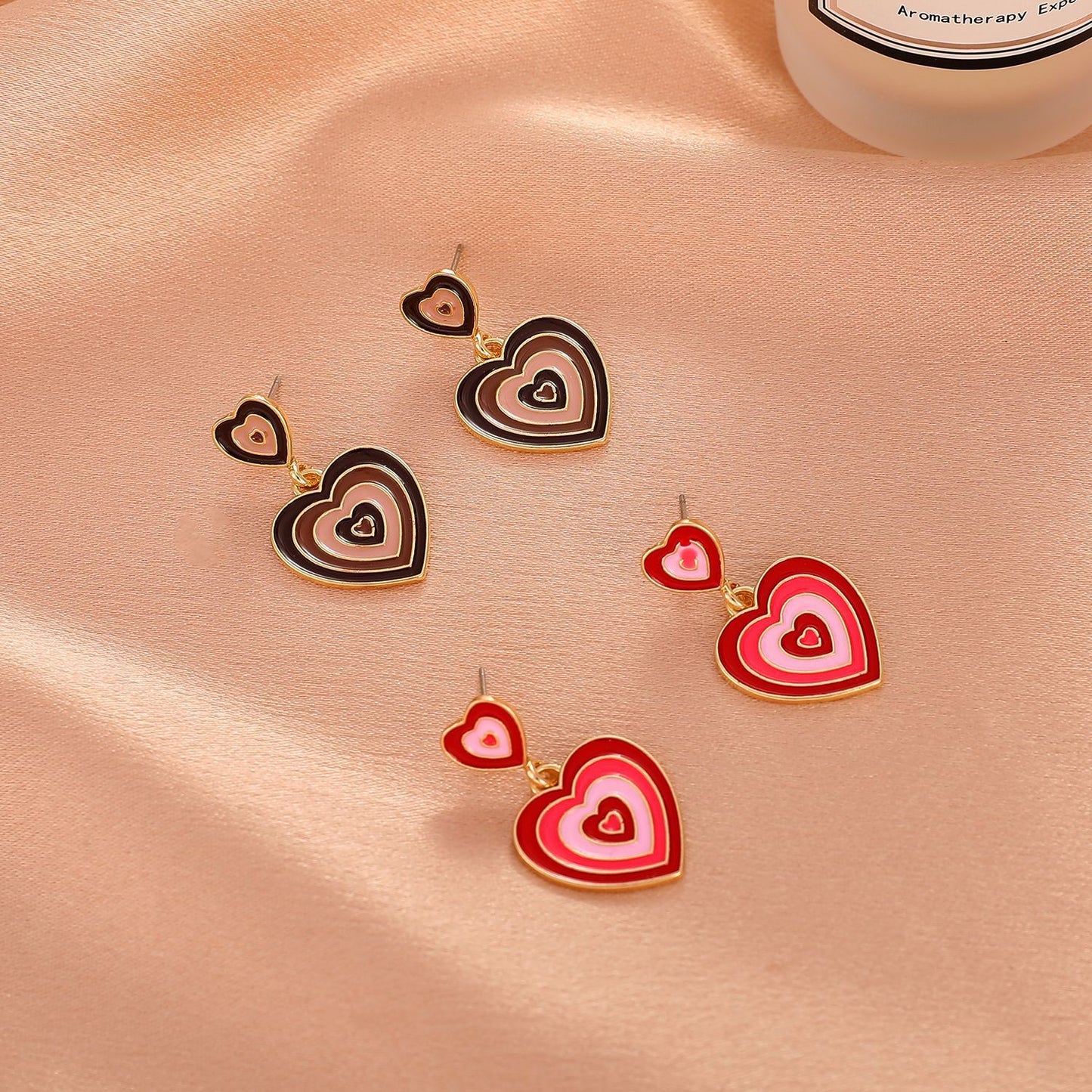 Ins color matching love earrings female retro fashion personality alloy drop nectarine peach heart earrings