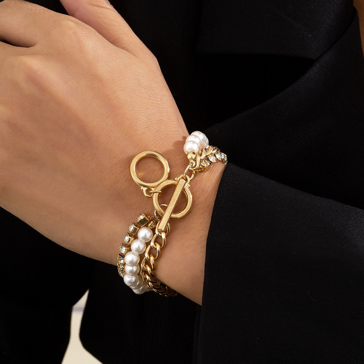 Jewelry temperament cold pearl chain multi-layer bracelet hip-hop geometric ring diamond jewelry