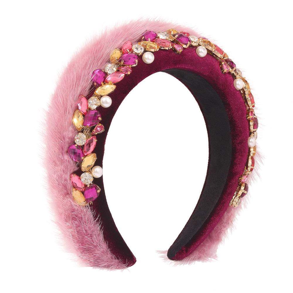 F3658 fabric mink hair ornament pearl catwalk retro hair hoop personalized heavy industry age-reducing head hoop