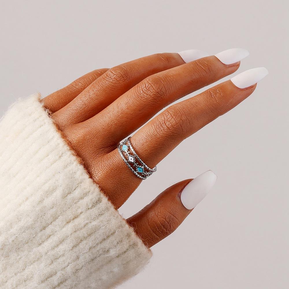 Simple niche design women's stainless steel opening adjustable dazzling colorful hollow rhombus ring