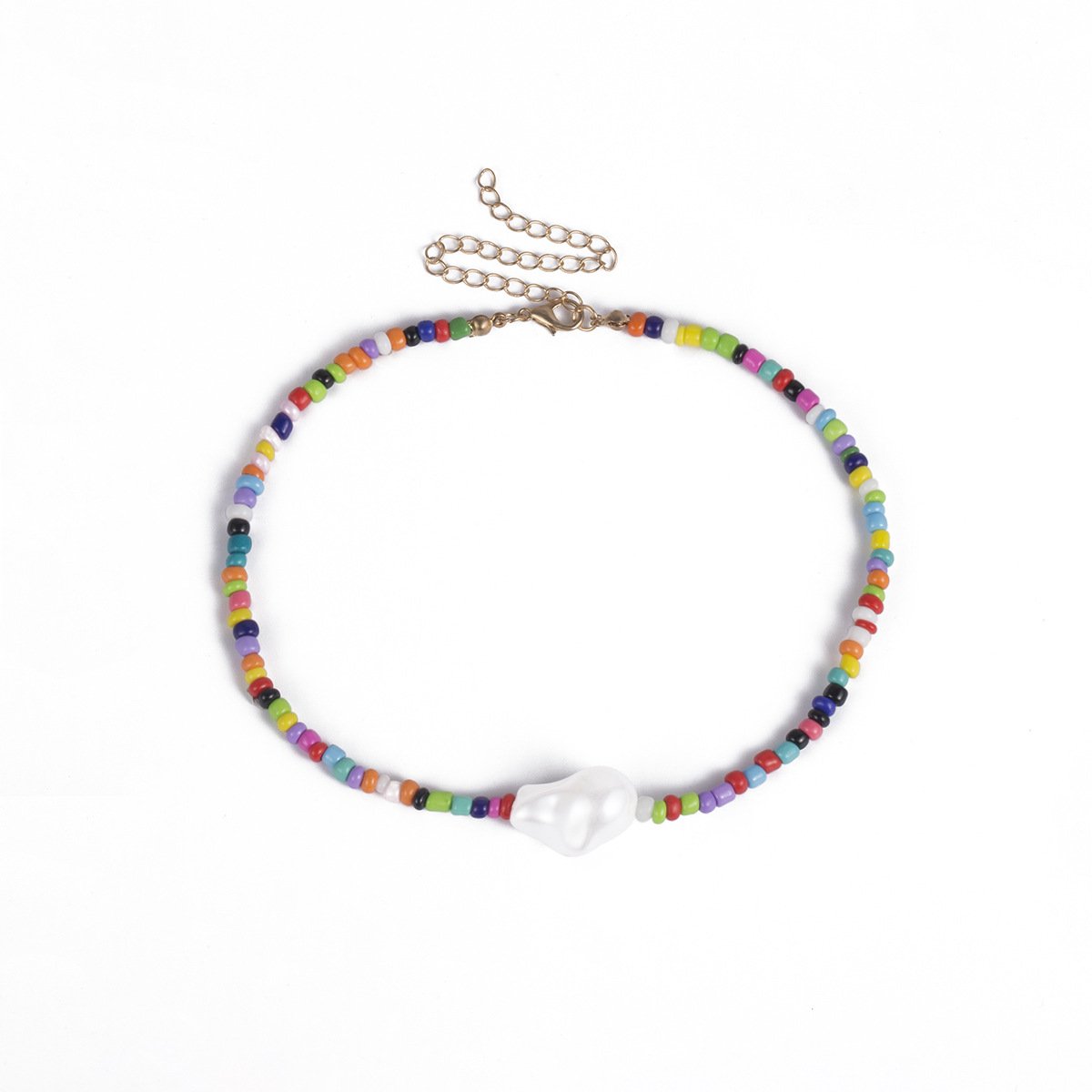 Jewelry Simple Versatile Mixed Color Rice Beads Necklace Baroque Shaped Pearl Single Layer Necklace Women