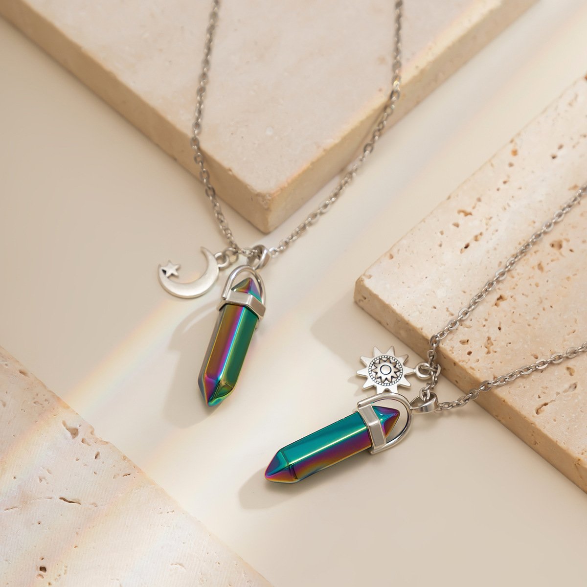 Jewelry personalized retro imitation crystal pendant double layer necklace sweet cool star moon sun multivariate necklace