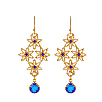 Ins retro creative hollow flower earrings fashion bohemian blue crystal rhombus earrings earrings