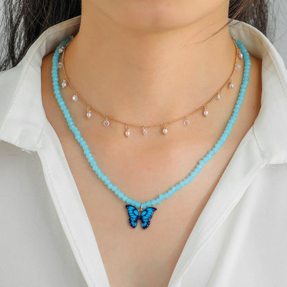 ins simple small round bead clavicle necklace fashion crystal bead glaze butterfly pendant double stacked necklace