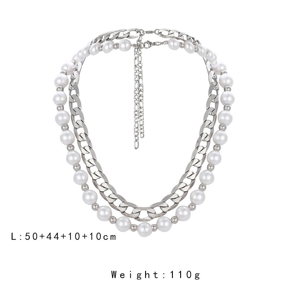 The same trendy men's stainless steel necklace cold double-layer Cuban chain six-sided grinding coarse chain pearl chain