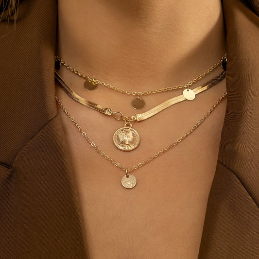 Jewelry Retro Metal Sequin Portrait Tag Necklace Hip Hop Simple Geometric Snake Bone Chain Necklace
