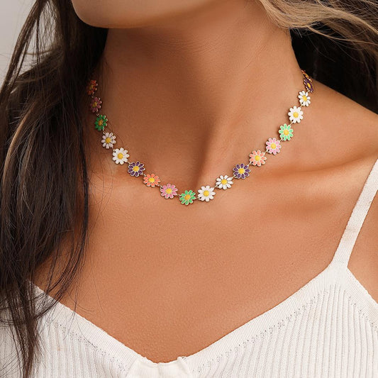 Fashion and simple short neck chain color dripping oil daisy flower clavicle chain necklace pastoral