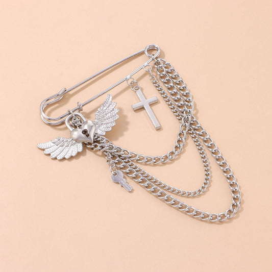 Jewelry Ladies Love Lock Wings Brooch Personality Trendy Chain Cross Pin Pendant