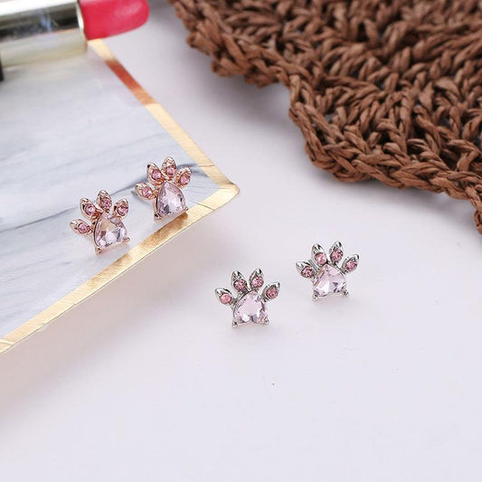 Cartoon cute animal footprints cat paw earrings pink crystal zircon cat paw print cat earrings