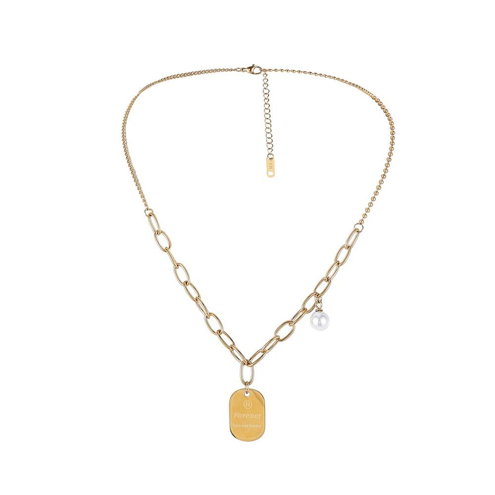 Trendy stainless steel English letter shield pendant collarbone chain fashion titanium steel LOVE pearl square necklace