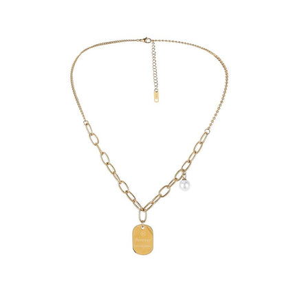 Trendy stainless steel English letter shield pendant collarbone chain fashion titanium steel LOVE pearl square necklace