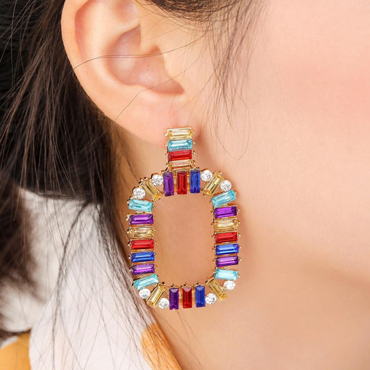 Hip Hop Fashion Temperament Rainbow Series Ear Jewelry Square Rainbow Square Diamond Earrings