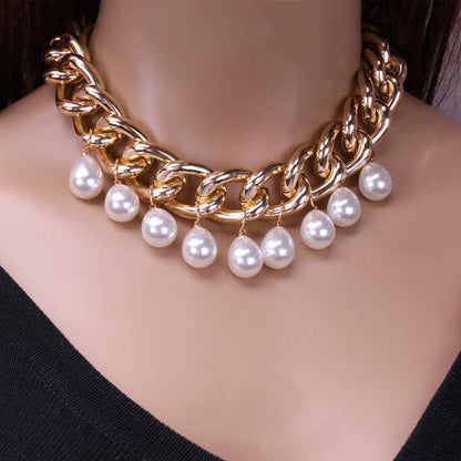 Chain Creative Jewelry Personality Exaggerated Trendy Female Aluminum Chain Clavicle Necklace Retro Imitation Pearl Pendant Item
