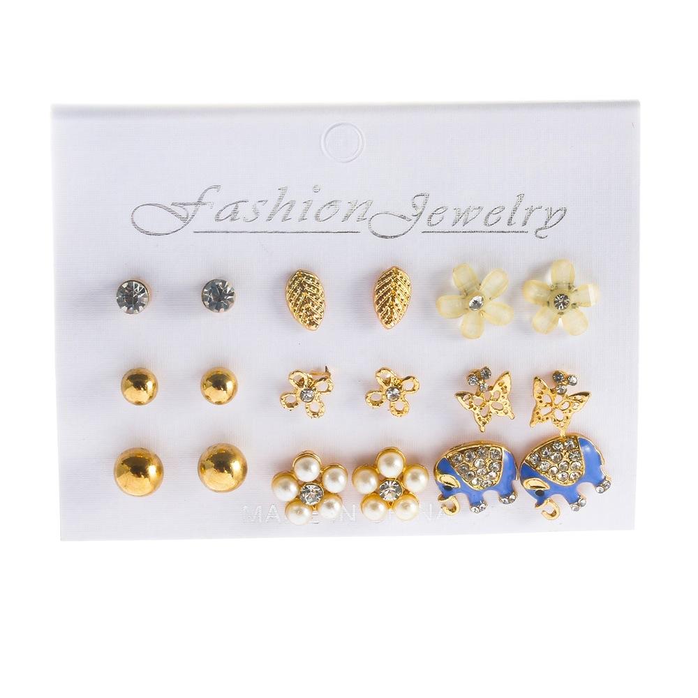 Simple Set Earrings Creative Cute Elephant Pearl Earrings Feminine Earrings Nine Pairs of Earrings
