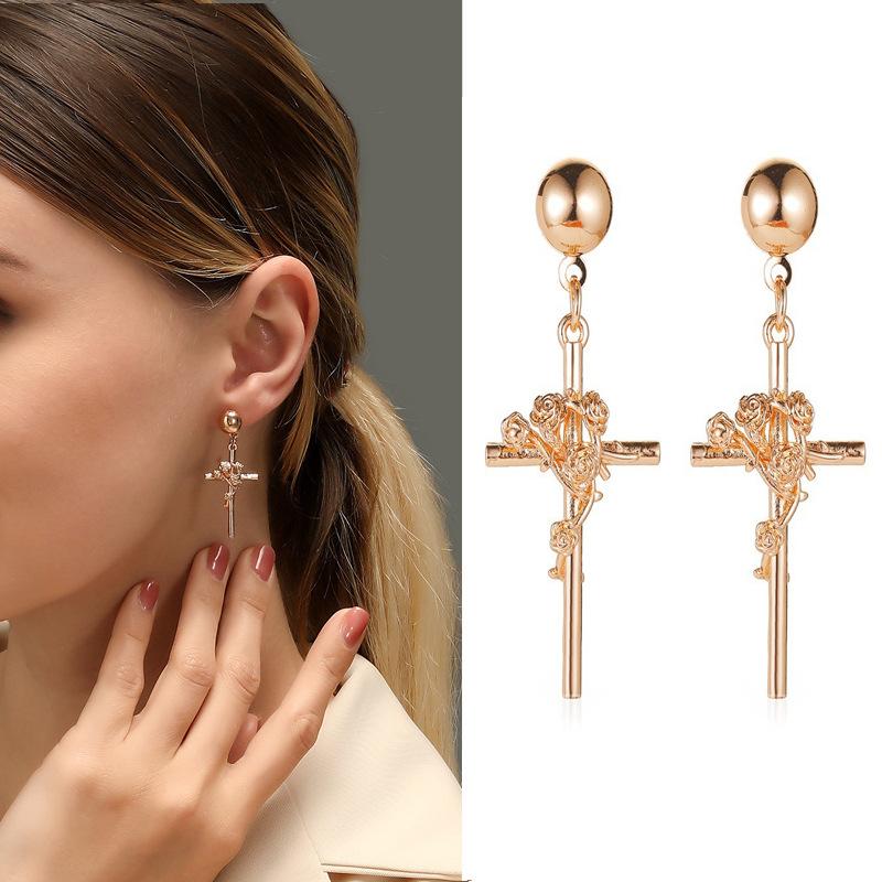 Three-dimensional embossed rose earrings creative temperament metal cross earrings earrings ladies