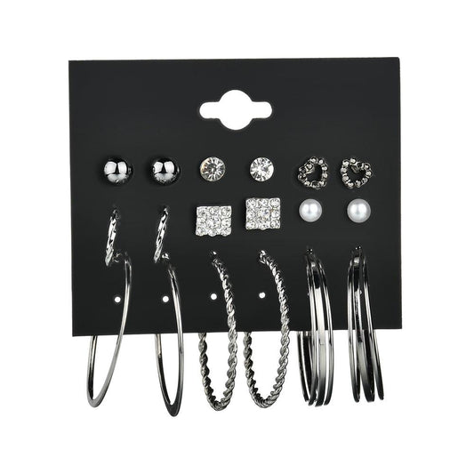 Earring Stud Set Silver 9 Pairs/Set Stud Earrings Circle Combination Set Jewelry Accessories