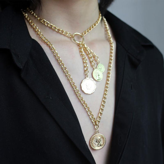 Jewelry retro temperament portrait pendant necklace female ins multi-layer stackable tassel necklace