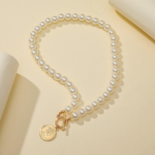 Ins temperament versatile necklace fashion metal ancient coins personality OT buckle short necklace pearl multi-element necklace