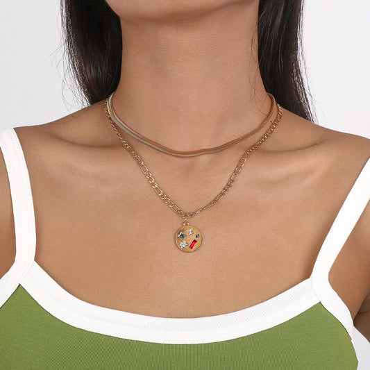 N1758 Sweet and Cool Stacked Necklace Round Pentagram Rhinestone Necklace Simple Metal Geometric Necklace