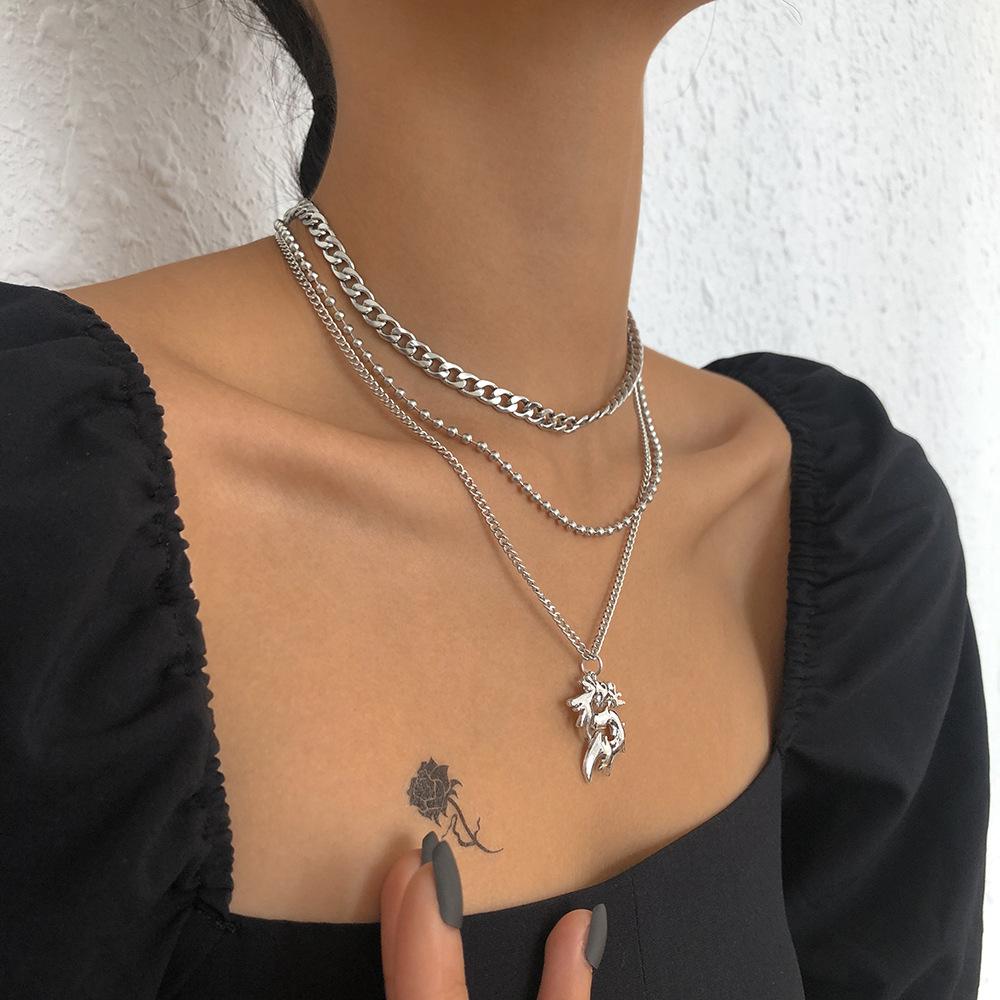 N8992 Exaggerated Multilayer Necklace Female Dragon Totem Bead Cuban Chain Necklace Retro Geometric Creative Necklace