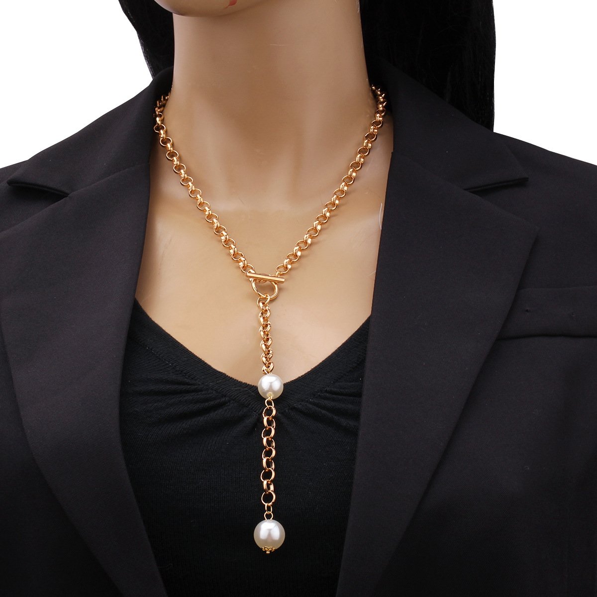 Fashion Pearl Long Pendant Necklace Ladies Punk OT Buckle Metal Chain Pearl Necklace