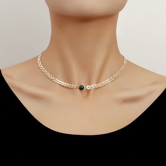 Jewelry Personality Green Beads Airplane Chain Necklace Clavicle Chain Trendy Cool Niche Fashion Design Sense Necklace