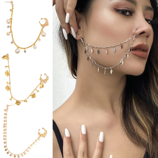 Jewelry creative metal star-shaped earrings national imitation pearl sequins tassel earrings nose clip