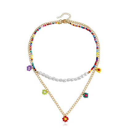 Jewelry retro hand-woven daisy flower beaded necklace female ins colorful rice bead necklace