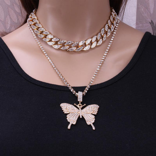 Jewelry Exaggerated Micro-inlaid Rhinestone Geometric Necklace Women's Retro Suit Cuban Chain Big Butterfly Necklace