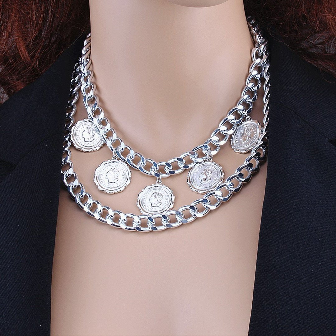 Jewelry geometric u-shaped retro embossed necklace retro exaggerated multi-layer portrait thick chain necklace