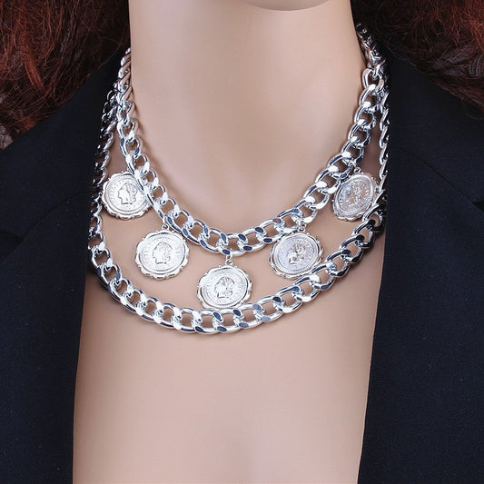 Jewelry geometric u-shaped retro embossed necklace retro exaggerated multi-layer portrait thick chain necklace
