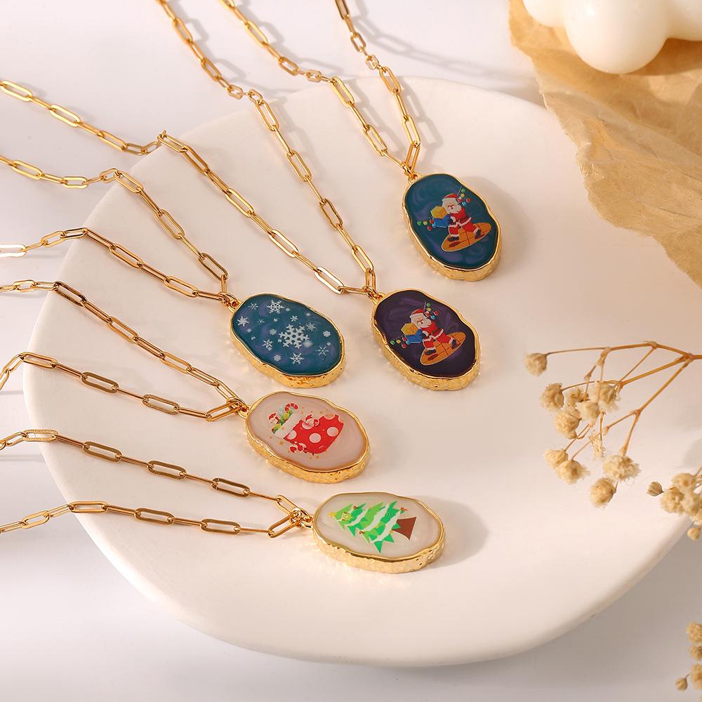 Irregular Oval Resin Christmas Snowflake Necklace Personality Fashion Simple Original Alloy Pendant Female