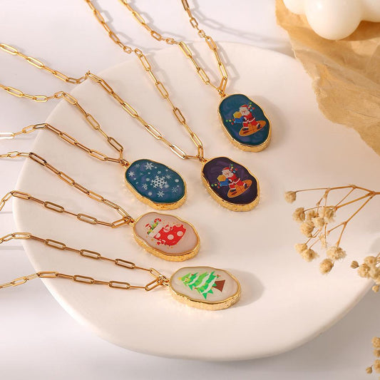 Irregular Oval Resin Christmas Snowflake Necklace Personality Fashion Simple Original Alloy Pendant Female