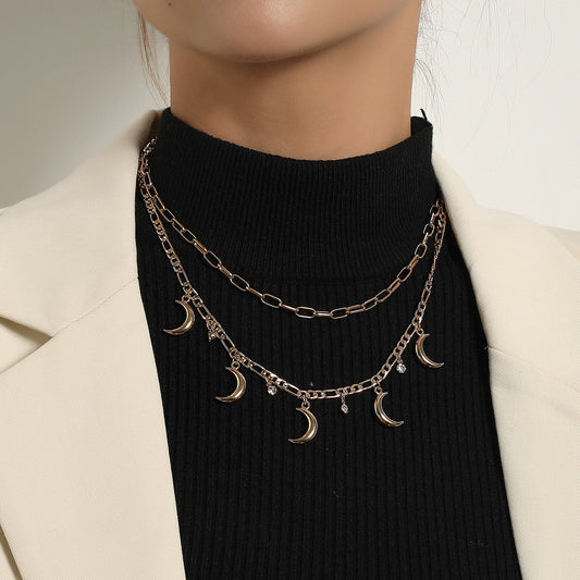 Jewelry Geometric Metal Crescent Rhinestone Pendant Necklace Women's Fashion Trendy Multi-layer Sweater Necklace
