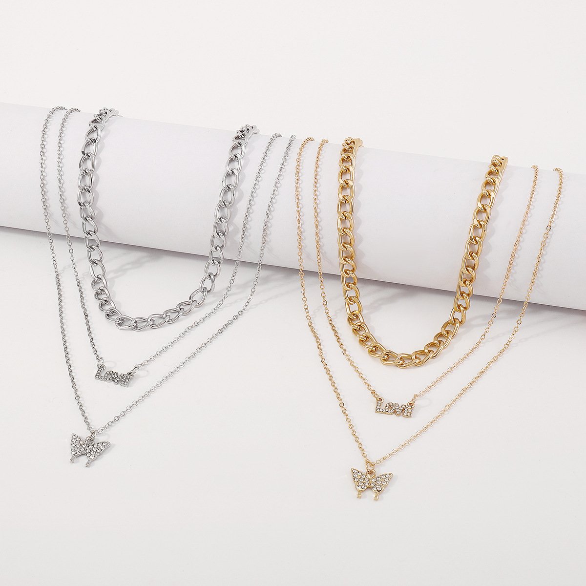 N1537 Simple retro metal pendant LOVE butterfly micro-inlaid multi-layered punk necklace female