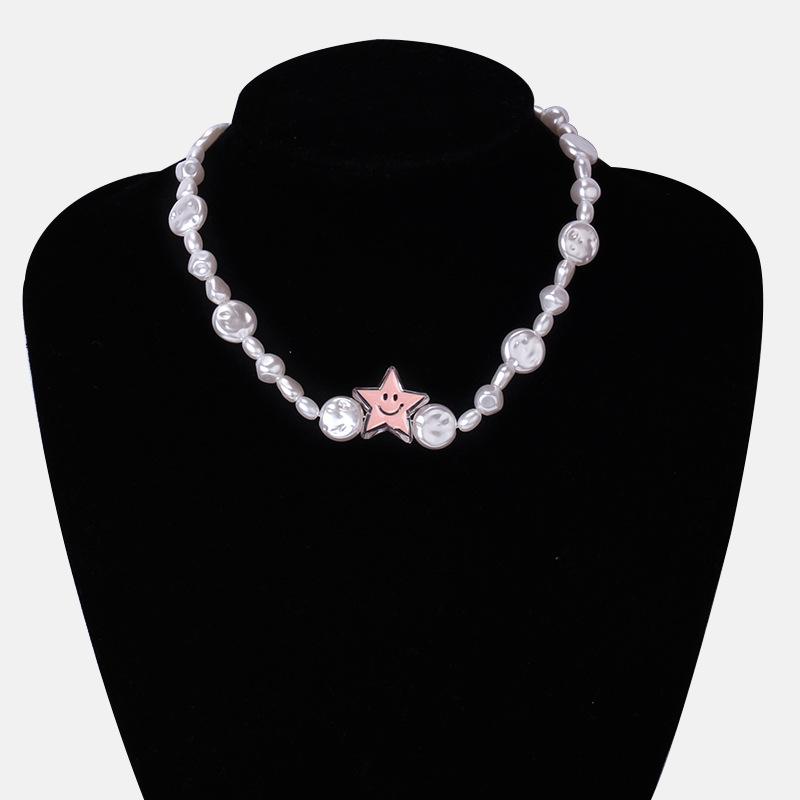Ins temperament all-match acrylic dripping oil smiling face necklace baroque pearl chain fashion collarbone chain