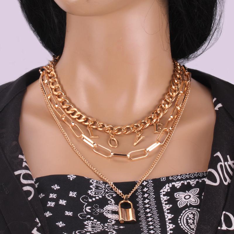 Jewelry multi-layer exaggerated creative chain necklace collarbone chain letter padlock-shaped necklace female