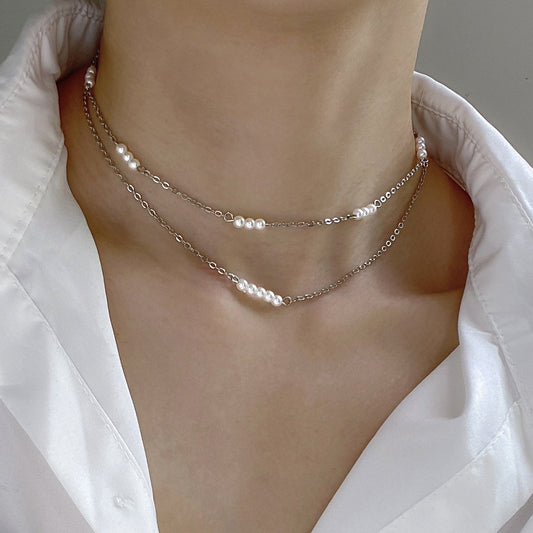 Jewelry niche wild ins pearl clavicle chain necklace simple metal thin chain necklace