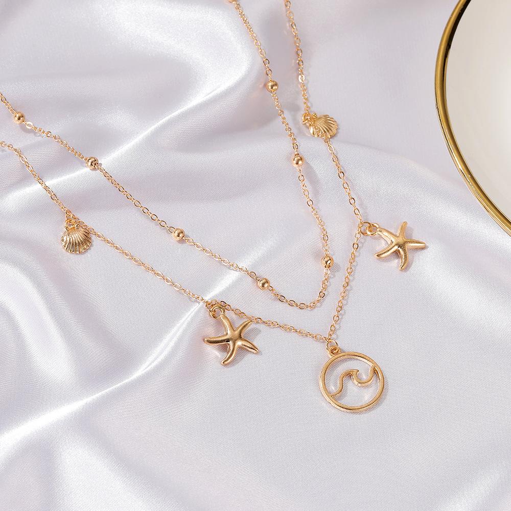 Double-layer starfish necklace ins fashion wave shell pendant clavicle chain personality long sweater chain